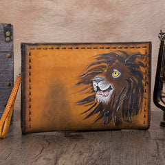 Vintage Handmade Tan Leather Wristlet Wallet Womens Lion Large Zip Purse Zipper Clutch Bag for Women