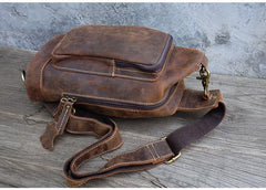 Vintage Large Brown Leather Mens Sling Bag - Bill Slots Detail