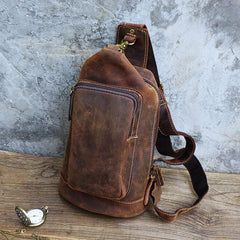 Vintage Large Brown Leather Mens Sling Bag - Back View