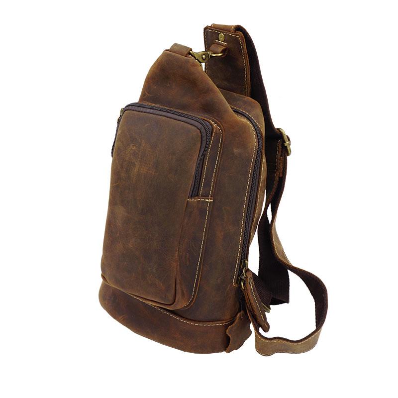 Vintage Large Brown Leather Mens Sling Bag - Leather Texture Detail