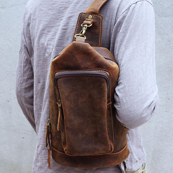 Vintage Large Brown Leather Mens Sling Bag Sling Pack Sling Backpack for Men