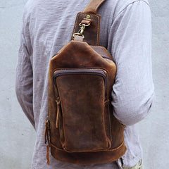 Vintage Large Brown Leather Mens Sling Bag - Front View