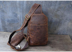 Vintage Large Leather Mens Sling Bag Brown - Interior View