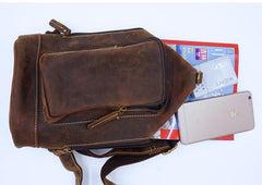 Vintage Large Leather Mens Sling Bag Brown - Closure Detail