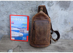 Vintage Large Brown Leather Mens Sling Bag - Chain Detail