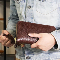 Vintage Brown Leather Mens Clutch Large Distressed Wallet Zipper Clutch Wristlet Wallet for Men