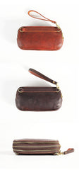 Vintage Leather Mens Clutch Cool Handmade Wallet Triple Zippers Clutch Wristlet Wallet for Men