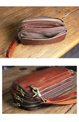 Vintage Leather Mens Clutch Cool Handmade Wallet Triple Zippers Clutch Wristlet Wallet for Men