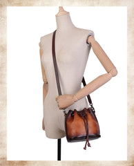 Vintage Tan Leather Womens Bucket Shoulder Bags - Chain Detail