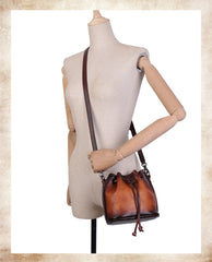 Vintage Tan Leather Womens Bucket Shoulder Bags Bucket Crossbody Purse for Women