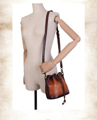 Vintage Tan Leather Womens Bucket Shoulder Bags - Stitching Detail