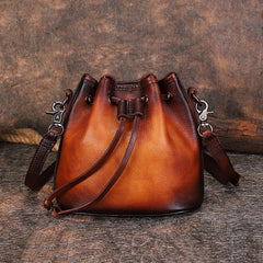 Vintage Leather Womens Bucket Shoulder Bags Bucket Crossbody Purse for Women