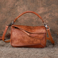 Vintage Brown Leather Womens Cube Shoulder Bag - Chain Detail