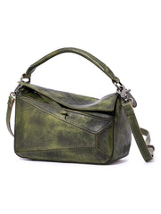 Vintage Green Leather Womens Cube Shoulder Bag Handmade Geometry Crossbody Purse for Ladies