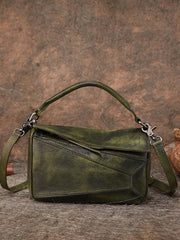 Vintage Brown Leather Womens Cube Shoulder Bag - Stitching Detail
