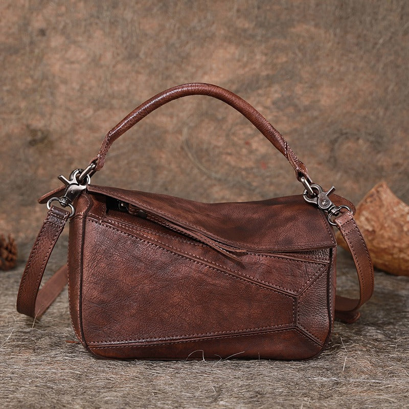 Vintage Brown Leather Womens Cube Shoulder Bag - Overall View
