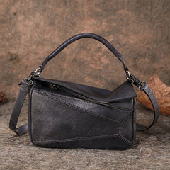 Vintage Brown Leather Womens Cube Shoulder Bag Handmade Geometry Crossbody Purse for Ladies