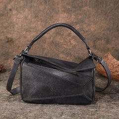 Vintage Leather Womens Cube Shoulder Bag Handmade Geometry Crossbody Purse for Ladies