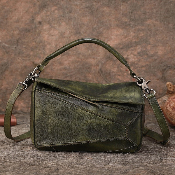 Vintage Brown Leather Womens Cube Shoulder Bag - Bill Slots Detail