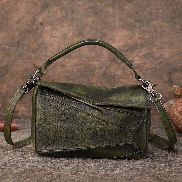 Vintage Green Leather Womens Cube Shoulder Bag - Bill Slots Detail
