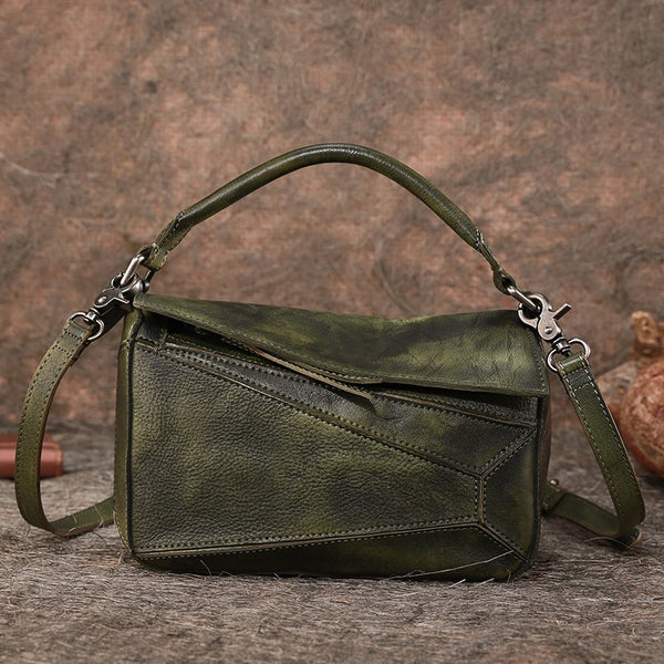 Vintage Leather Womens Cube Shoulder Bag Handmade - Bill Slots Detail