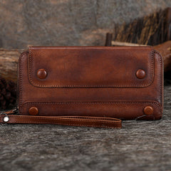 Vintage Brown Leather Wristlet Wallets Womens Zip Around Wallet Ladies Bifold Clutch Wallet for Women