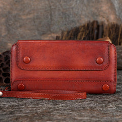 Vintage Red Leather Wristlet Wallets Womens Zip Around Wallet Ladies Bifold Clutch Wallet for Women