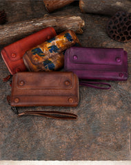 Vintage Purple Leather Wristlet Wallets Womens Zip Around Wallet Ladies Bifold Clutch Wallet for Women