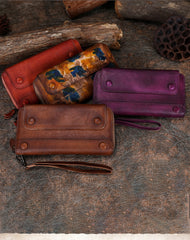 Vintage Red Leather Wristlet Wallets Womens Zip Around Wallet Ladies Bifold Clutch Wallet for Women