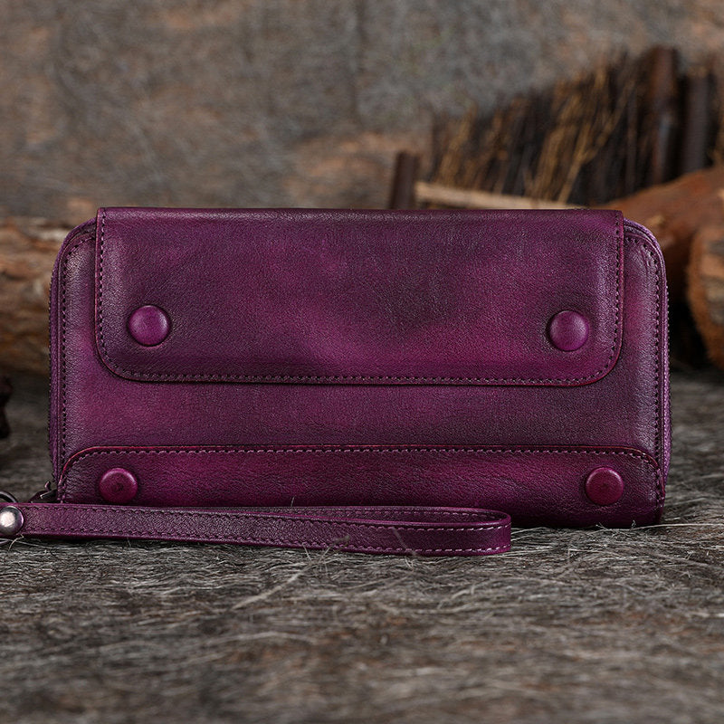 Vintage Purple Leather Wristlet Wallets Womens Zip Around Wallet Ladies Bifold Clutch Wallet for Women