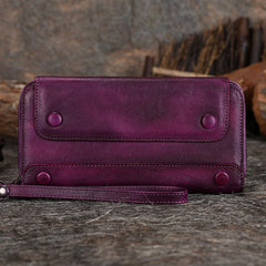 Vintage Purple Leather Wristlet Wallets Womens Zip Around Wallet Ladies Bifold Clutch Wallet for Women