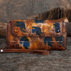 Vintage Brown Leather Wristlet Wallets Womens Zip Around Wallet Ladies Bifold Clutch Wallet for Women
