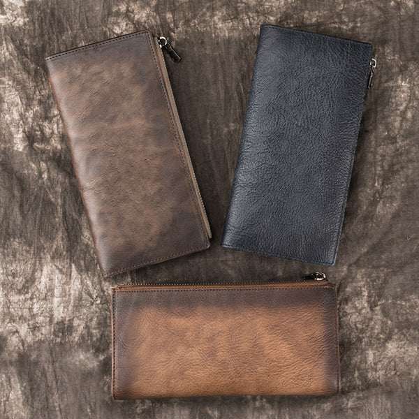 Vintage MENS LEATHER Brown Bifold LONG WALLET Gray Slim Long WALLET FOR MEN FY01182001