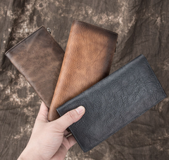 Vintage MENS LEATHER Brown Bifold LONG WALLET Gray Slim Long WALLET FOR MEN