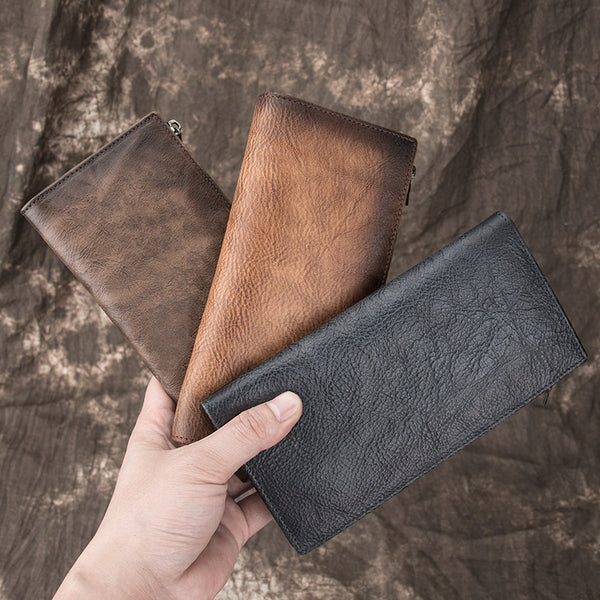 Vintage MENS LEATHER Brown Bifold LONG WALLET - Back View