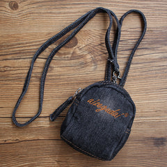 Vintage Mens Black Denim Mini Pouch Denim Small Card Coin Purse with Lanyard for Women