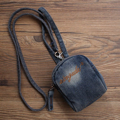 Vintage Mens Black Denim Mini Pouch Denim Small Card Coin Purse with Lanyard for Women