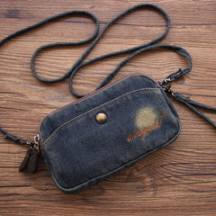 Vintage Mens Denim Wristlet Bag Denim Phone Purse with Shoulder Strap for Women