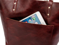 Mens Womens Leather Red Brown Tote Handbag - Studio View