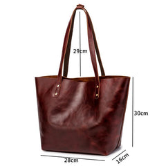 Mens Womens Leather Red Brown Tote Handbag - Open Interior