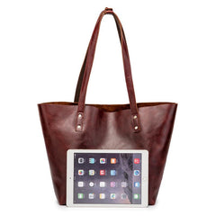 Mens Womens Leather Red Brown Tote Handbag - Wallet Flat Lay
