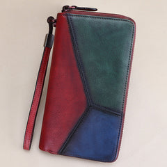 Vintage Multicolor Geometric Green&Red&Blue Leather Wristlet Wallet Womens Flower Zip Around Wallets Flowers Ladies Zipper Clutch Wallet for Women