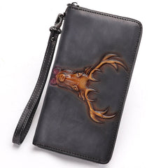 Vintage Reindeer Tan Leather Wristlet Wallets Womens Zip Around Wallet Reindeer Ladies Zipper Clutch Wallets for Women