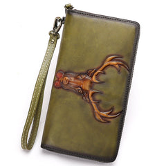 Vintage Reindeer Tan Leather Wristlet Wallets Womens Zip Around Wallet Reindeer Ladies Zipper Clutch Wallets for Women