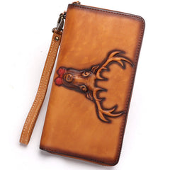 Vintage Reindeer Tan Leather Wristlet Wallets Womens Zip Around Wallet Reindeer Ladies Zipper Clutch Wallets for Women