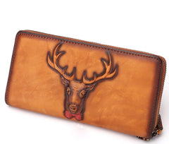 Vintage Reindeer Tan Leather Wristlet Wallets Womens Zip Around Wallet Reindeer Ladies Zipper Clutch Wallets for Women