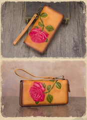 Vintage Rose Flower Gray Leather Wristlet Wallet Womens Rose Zip Around Wallets Flower Ladies Zipper Clutch Wallet for Women