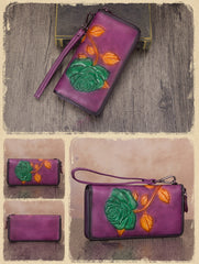 Vintage Rose Flower Green Leather Wristlet Wallet Womens Rose Zip Around Wallets Flower Ladies Zipper Clutch Wallet for Women