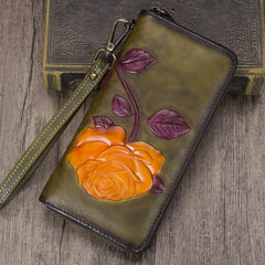 Vintage Rose Flower Green Leather Wristlet Wallet Womens Rose Zip Around Wallets Flower Ladies Zipper Clutch Wallet for Women