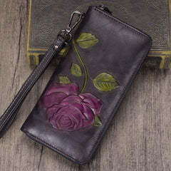 Vintage Rose Flower Green Leather Wristlet Wallet Womens Rose Zip Around Wallets Flower Ladies Zipper Clutch Wallet for Women